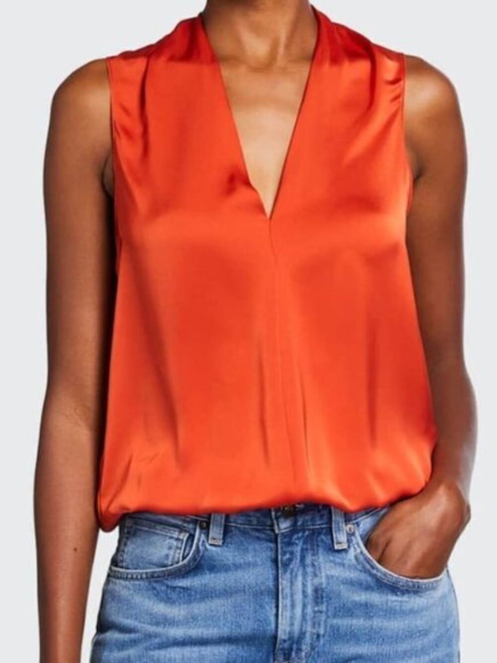 Ramy Brook Jilly Orange/Rust V-Neck Top, Plunging Neckline Sleeveless Top Size M
